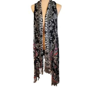Soft‎ Surroundings Paisley Embroidered Fringe Duster Vest Kimono Boho 70s Style